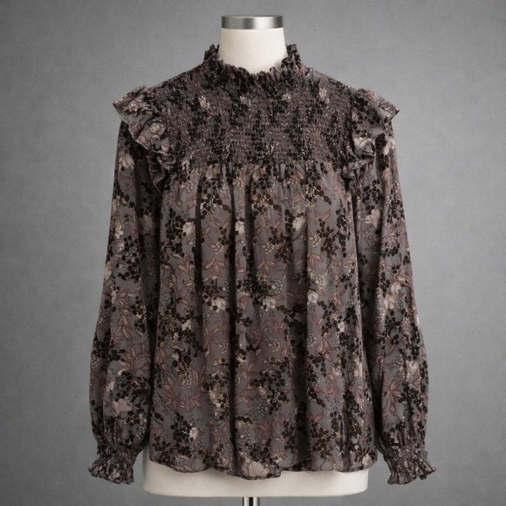 NWT‎ Knox Rose Blouse Size L Brown Floral Velvet Burnout Victorian Whimsigoth